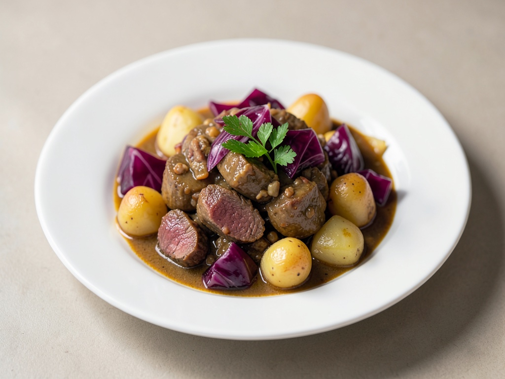 Tenere gulasco di cervo con cavolo rosso e patate