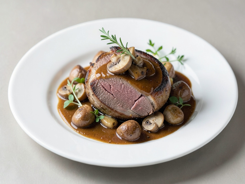 Fasciante arrosto di cervo con funghi champignon e salsa
