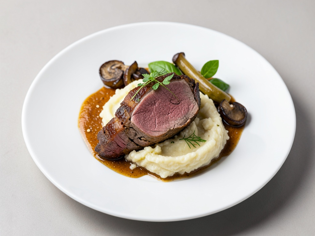 Tenero filetto di coscia di cervo con purè di patate cremoso e chanterelles