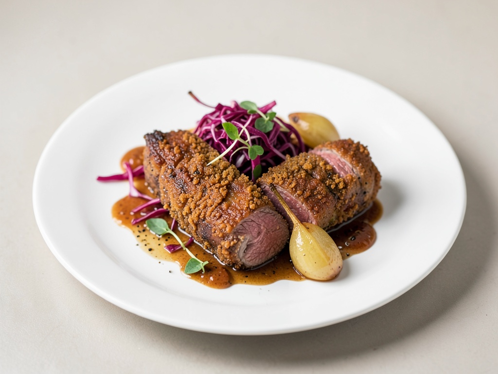 Filets de chevreuil croustillants avec chou rouge et poires caramélisées