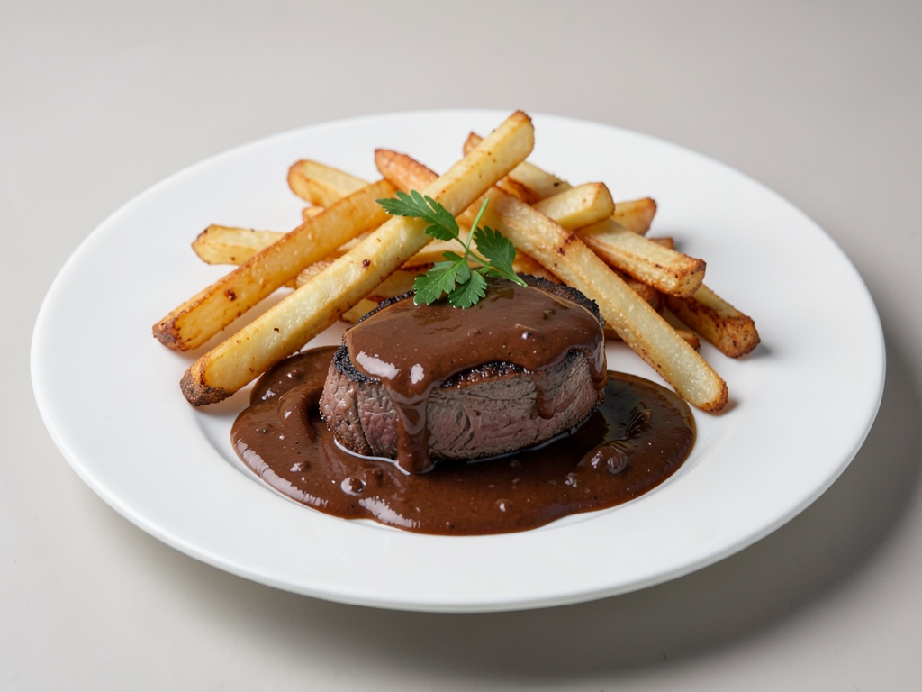 Filetto di selvaggina con salsa al cioccolato piccante e bastoncini di patate croccanti