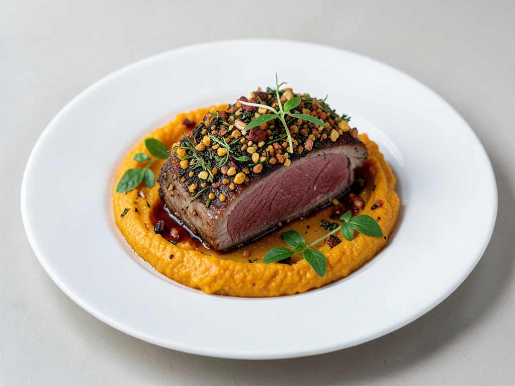 Filets de chevreuil sautés avec croûte croustillante aux herbes et noix et purée de potiron