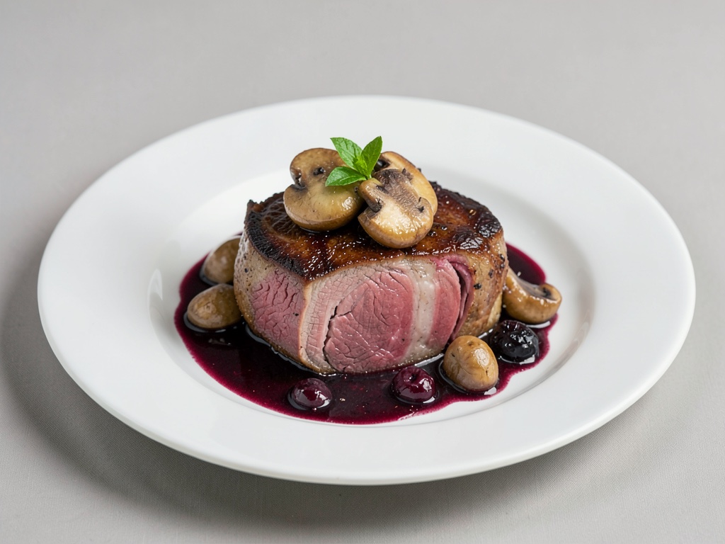 Filetto di cervo arrostito con funghi e salsa ai mirtilli