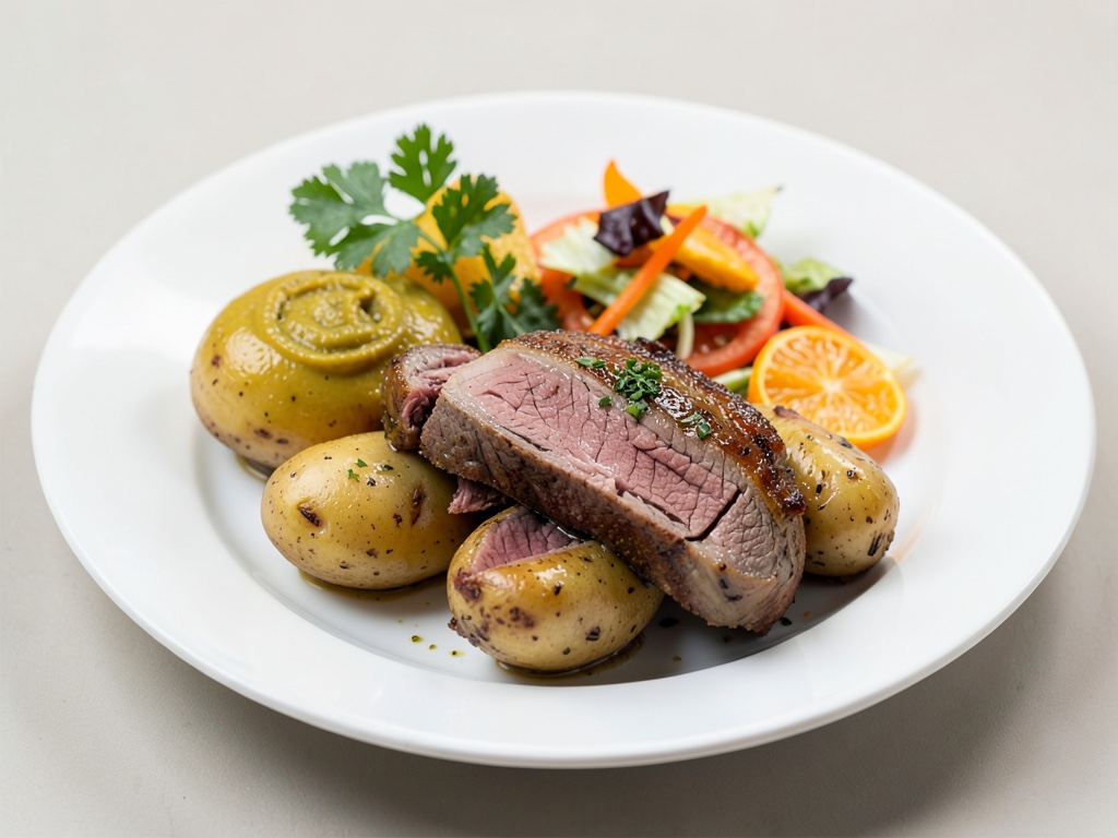 Filetto di cinghiale arrosto su patate al senape con insalata d'arance