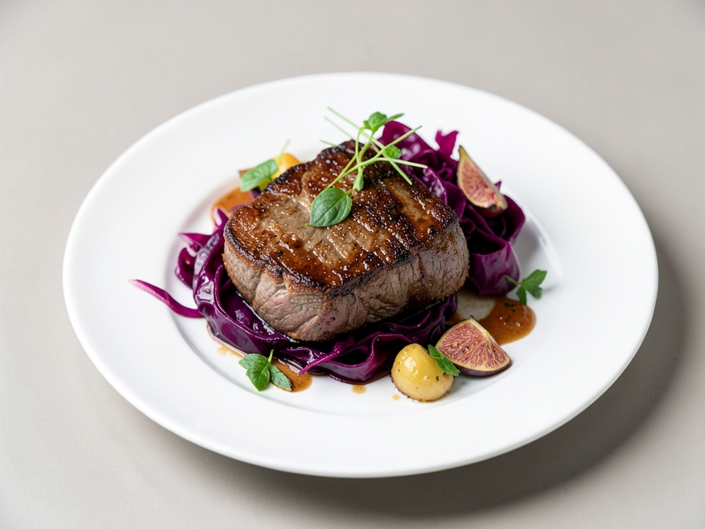 Lomo de venado salteado con col lombarda y higos