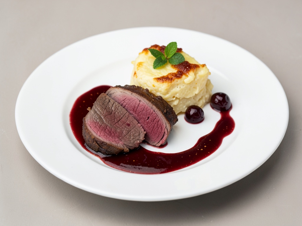 Lombata di cervo nobile con gratin di patate cremoso e salsa al ciliegio