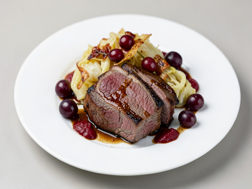 Filet de filet de chevreuil rôti avec chou frisé caramélisé et raisins