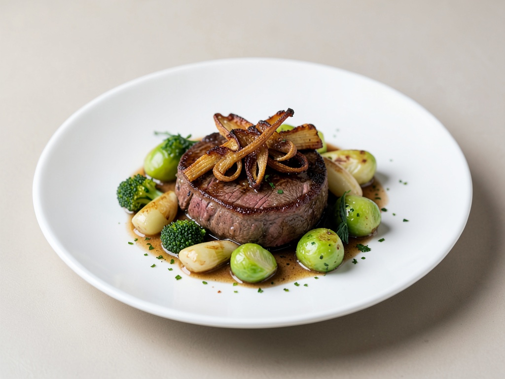 Filetto di cervo tenero con chanterelles croccanti e cavolo di Bruxelles croccante