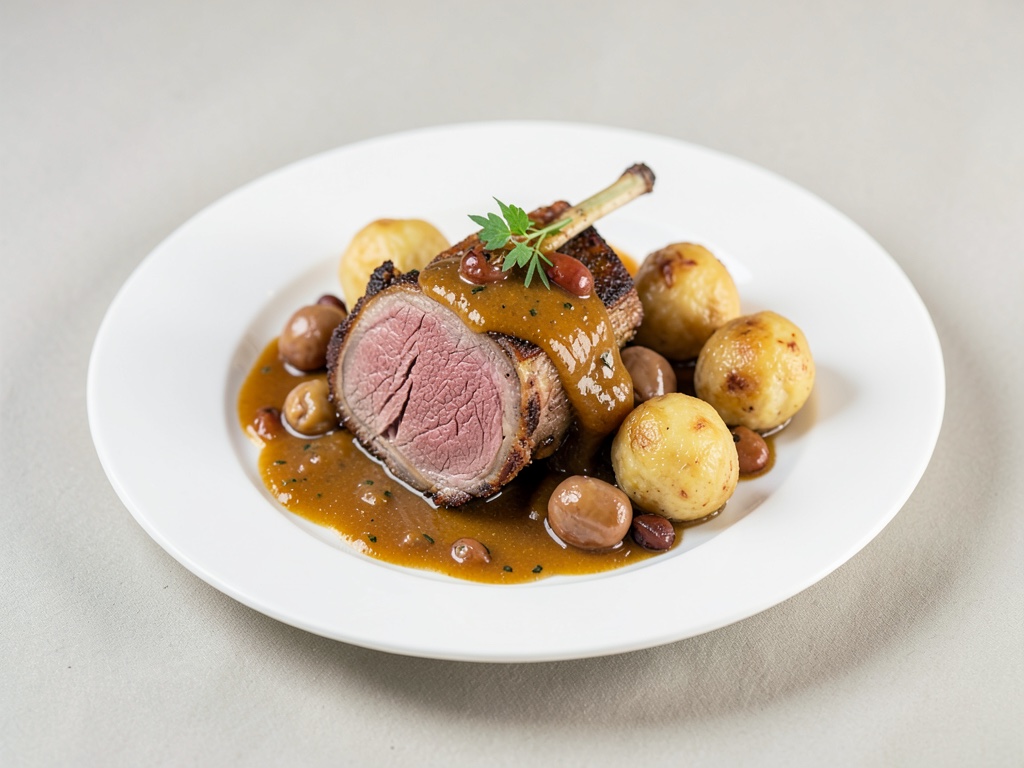 Gebratene Rehkeule mit fruchtiger Sauce und Kastanienknödeln