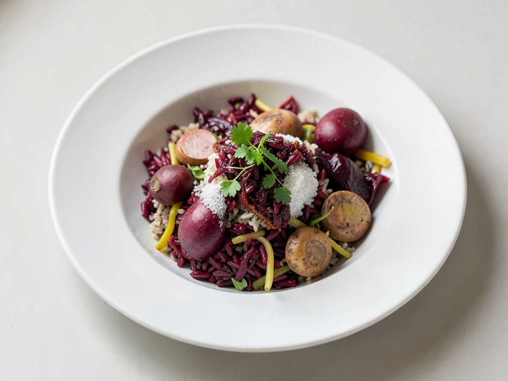 Bowl de riz coloré avec betterave rôtie, blette et pleurotes aux herbes