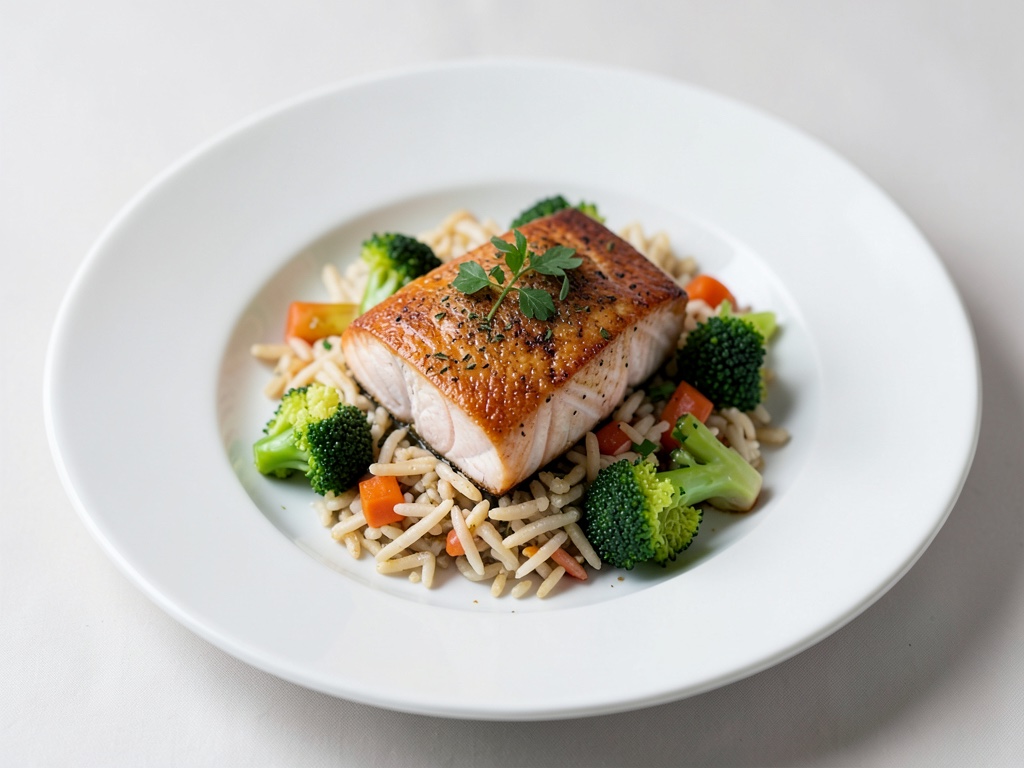 Salmone al forno con riso e verdure di broccoli