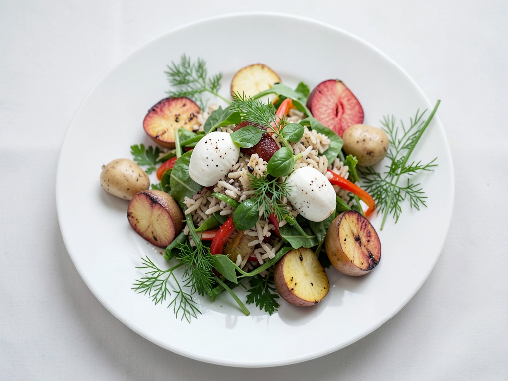 Insalata tiepida di riso e finocchi con Burrata, pesche alla griglia e erbe fresche