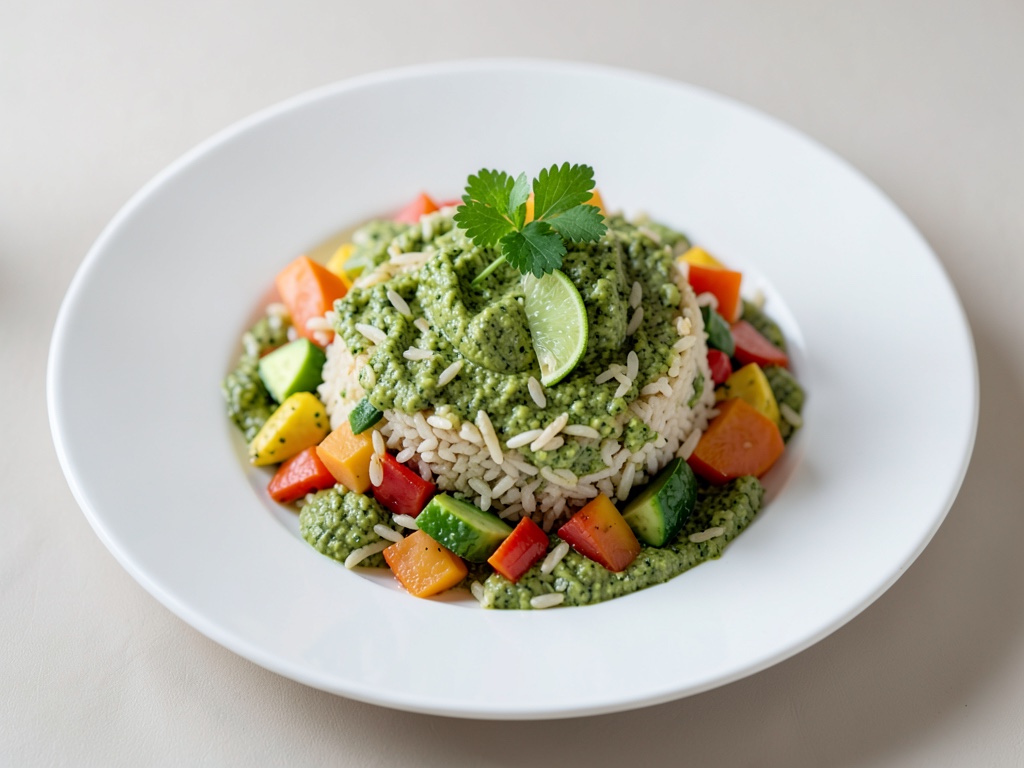 Padella di riso e verdure con pesto di avocado e lime