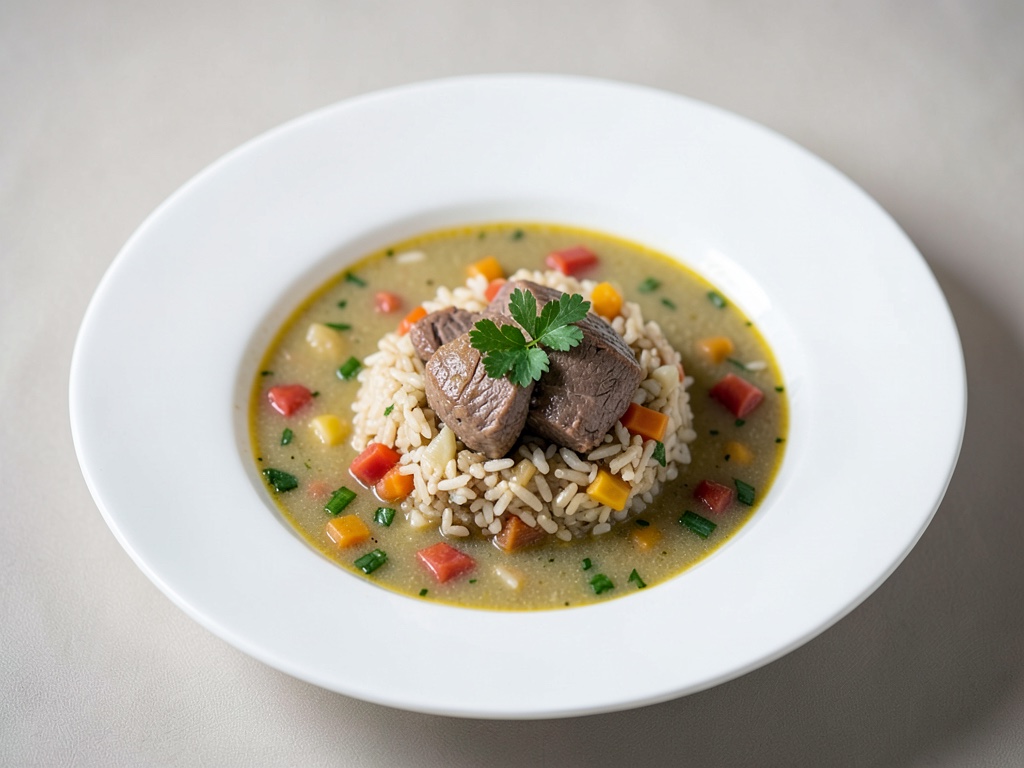 Sopa clásica de arroz y verduras con carne de res