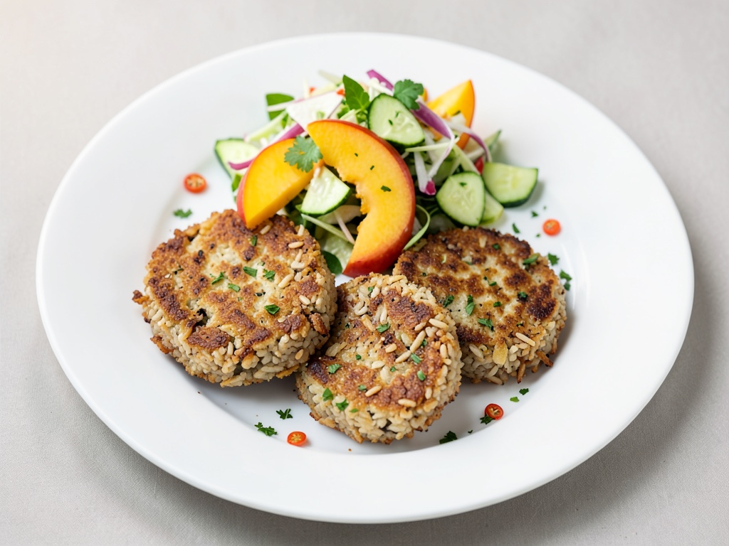 Crocchette croccanti di riso e lenticchie con insalata fresca di pesca e cetriolo