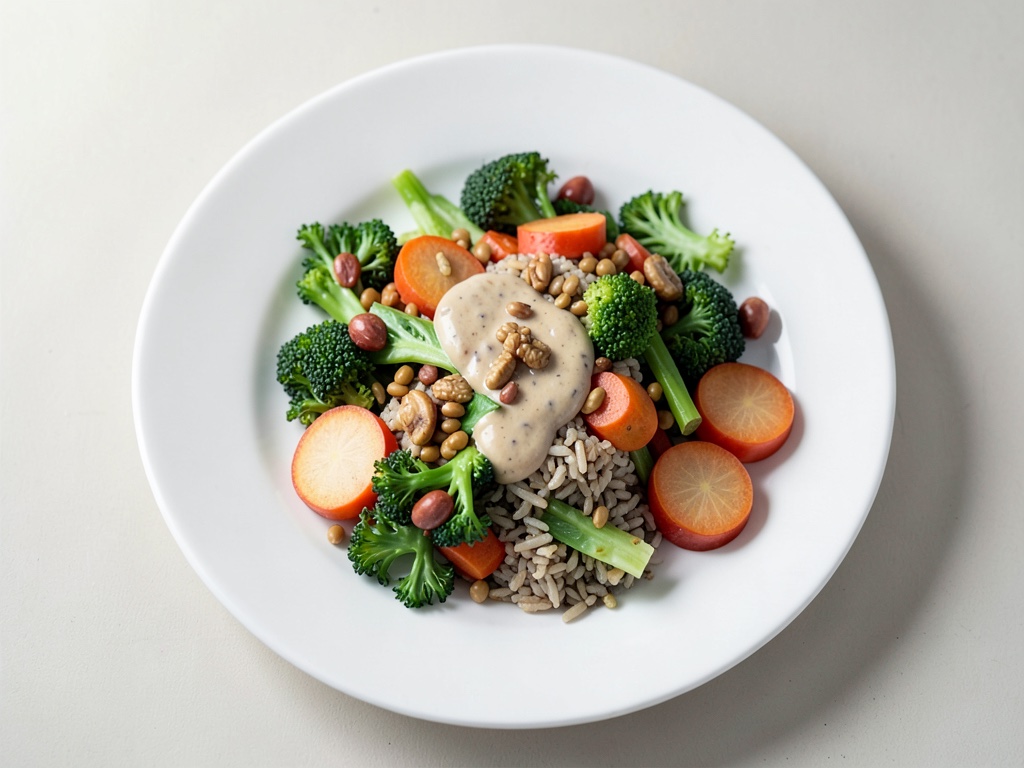 Insalata di lenticchie e riso con carote, cavolo cappuccio a punta e condimento alle noci