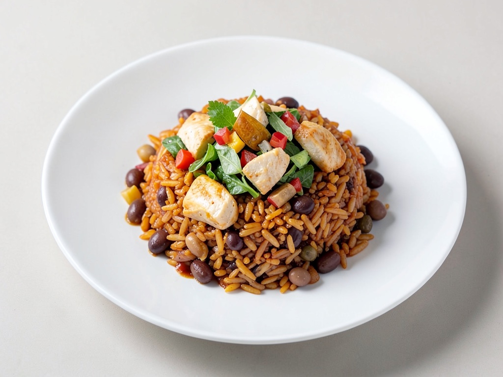 Riso piccante con insalata di pollo e fagioli