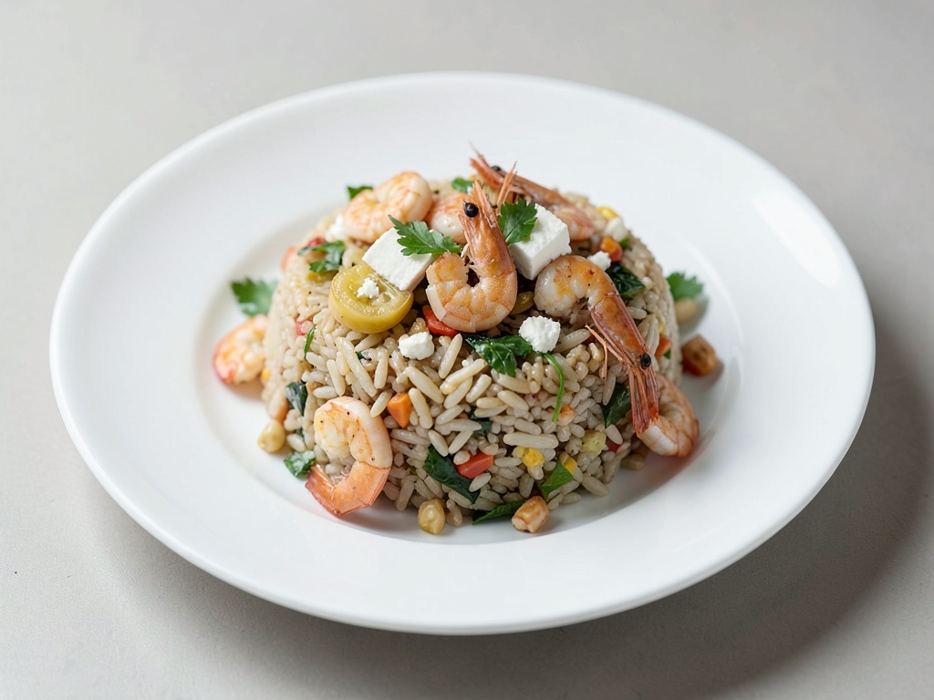 Riz mélangé aux crevettes et au feta