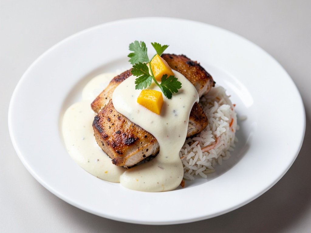 Riso con pollo e salsa cremosa allo yogurt e ananas
