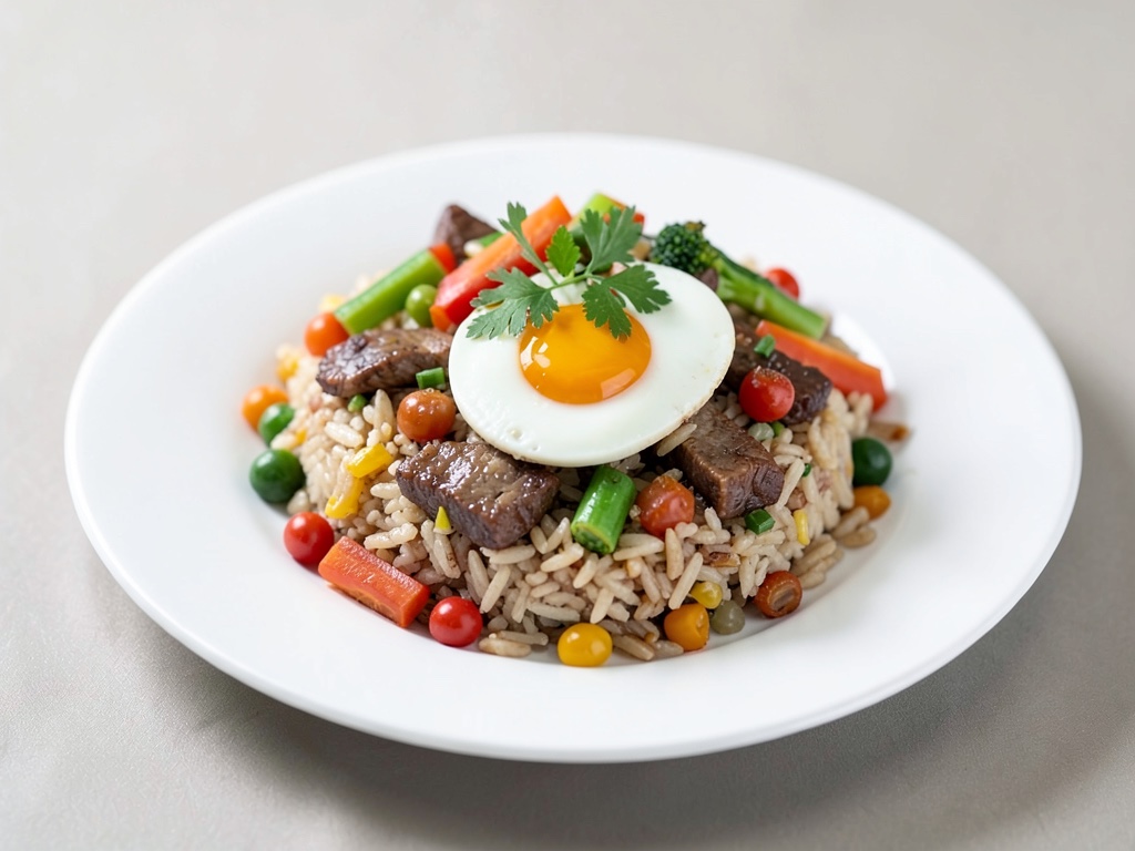 Riso al wok con manzo, uova e verdure colorate