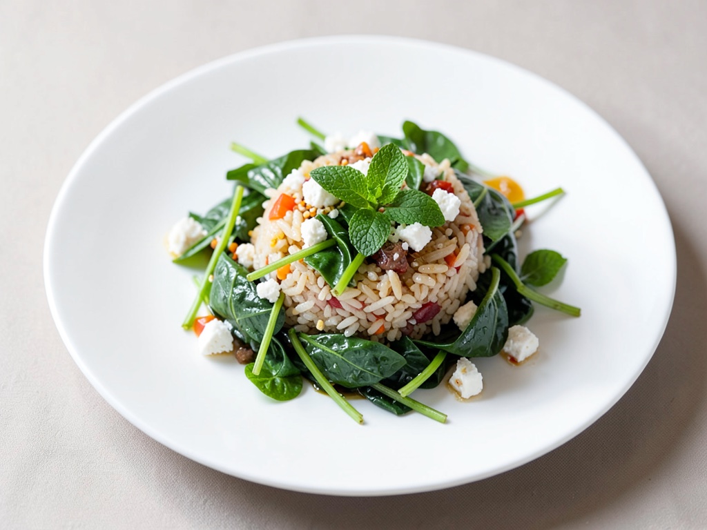 Fresco insalata di riso, spinaci e feta con menta