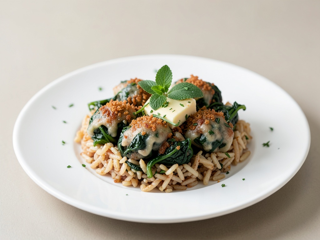 Boulettes de riz et épinards croustillantes au beurre à la sauge