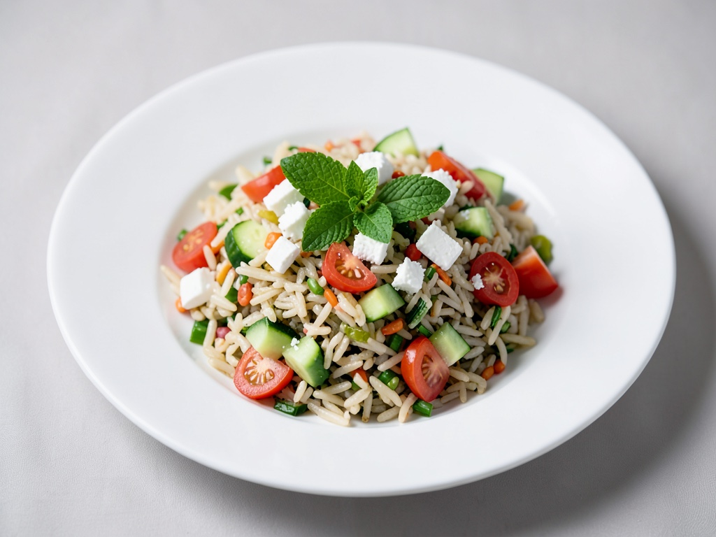 Taboulé fresco di riso con menta, cetriolo, pomodoro e feta