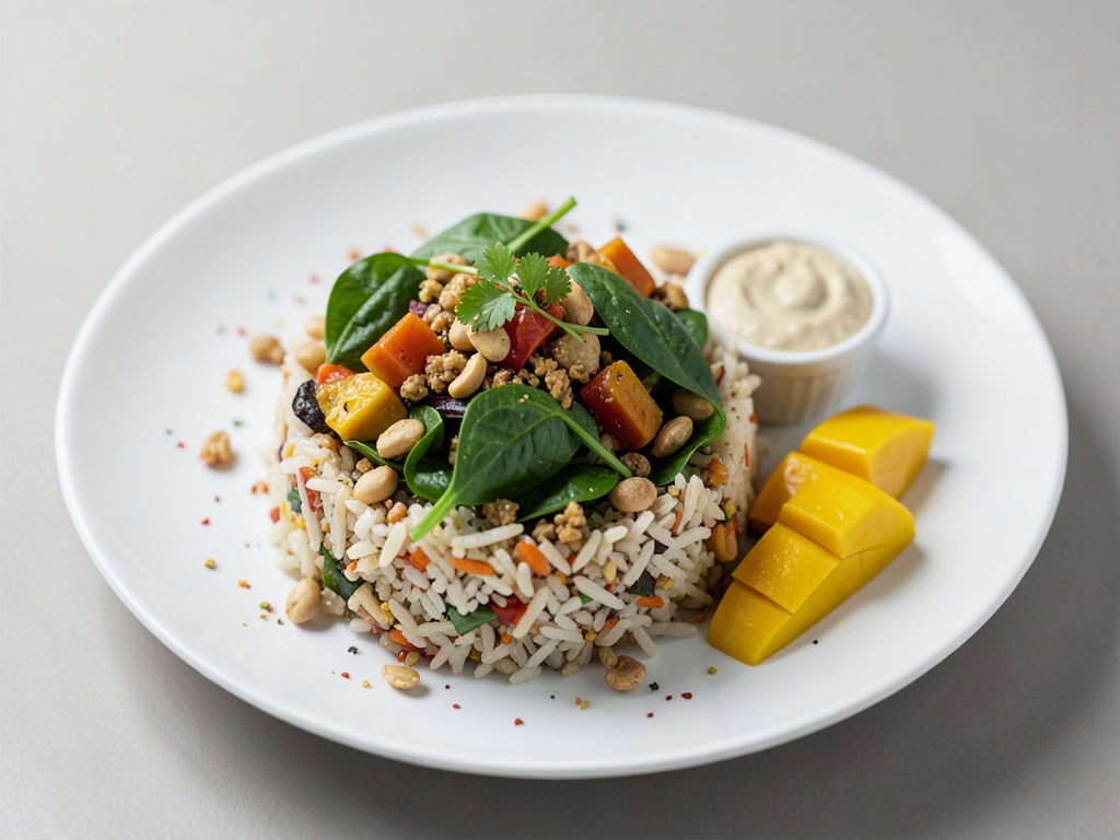 Kurkuma-Gemüse-Bowl mit Reis, Spinat, Erdnussdip und Mango