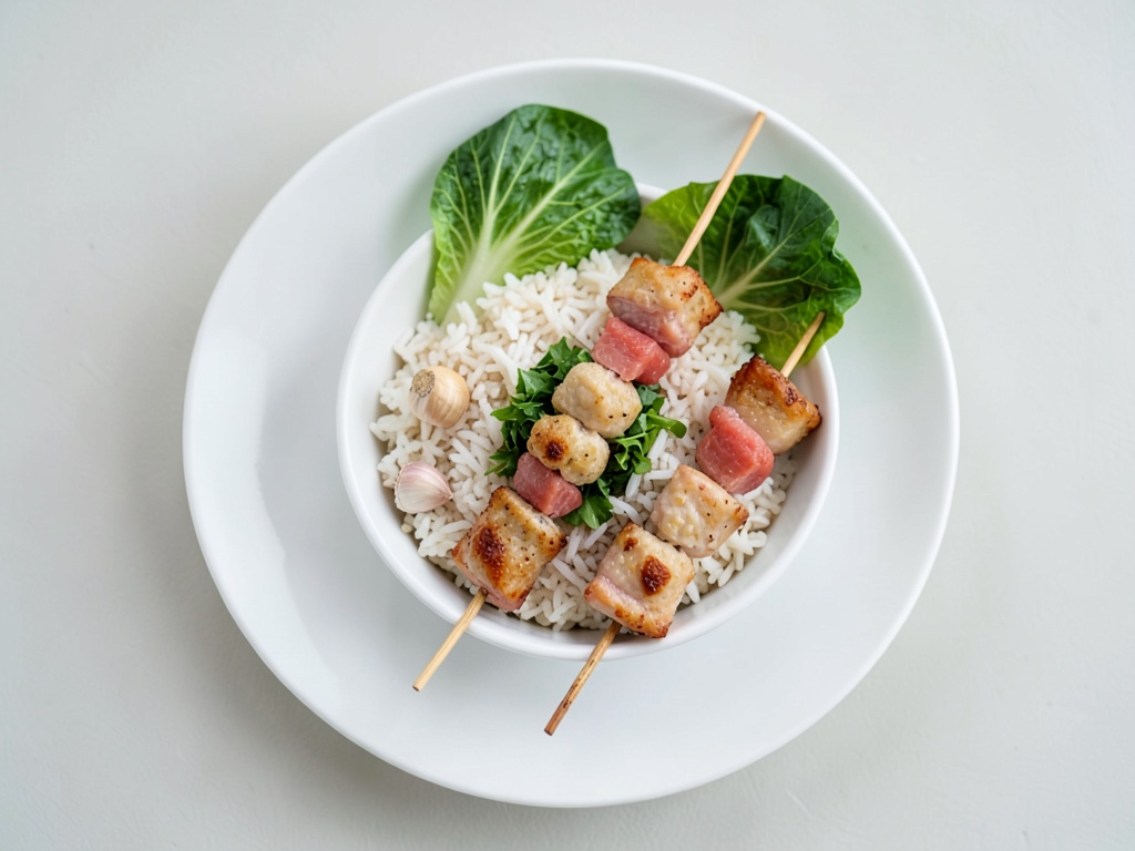 Lachs-Yakitori-Spieße auf Reis-Bowl