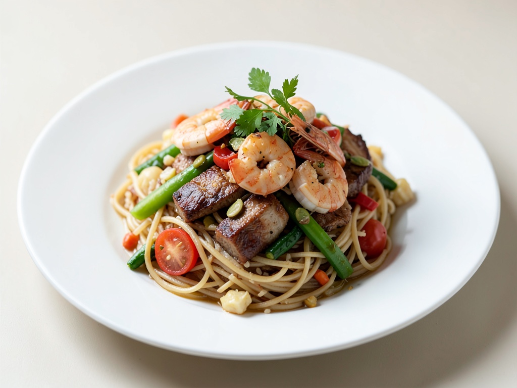Noodles di riso al wok con gamberi, carne e verdure