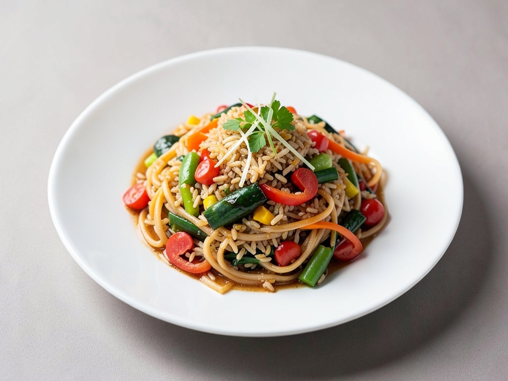Noodles di riso al wok con verdure colorate