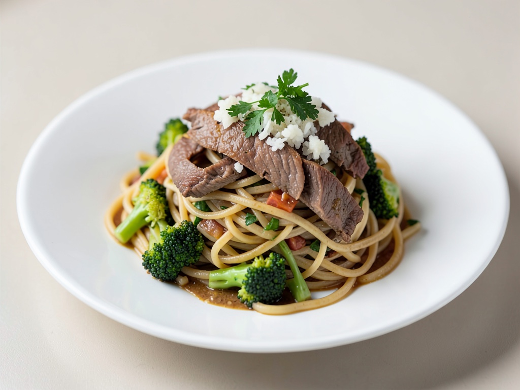 Noodles di riso veloci con manzo e broccoli