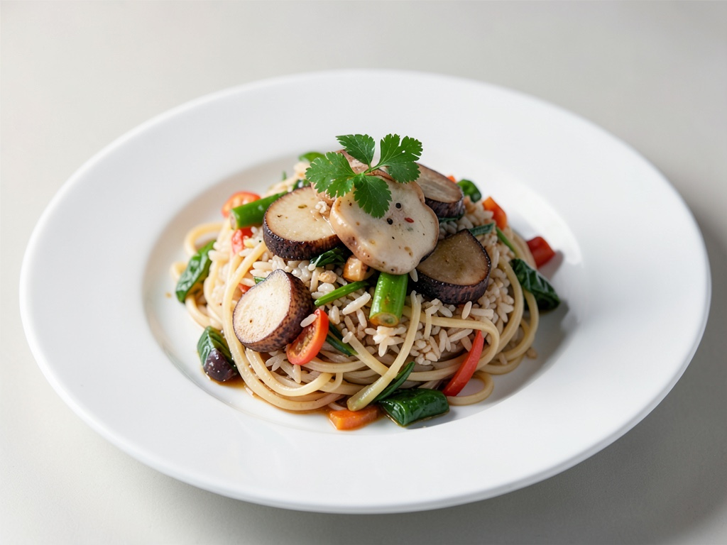 Fettuccine di riso saltate con pesce angelo e verdure miste