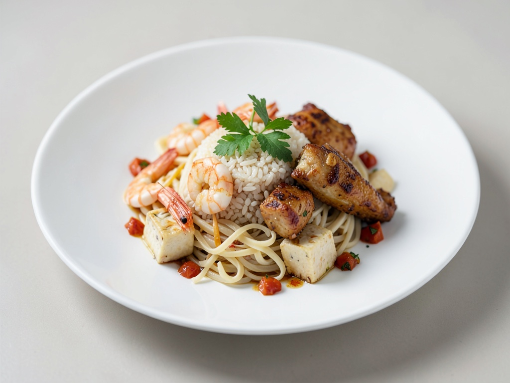 Noodles di riso al cocco con tofu, gamberi e pollo