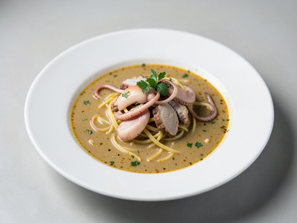 Zuppa di noodles aromatica con calamaro e maiale