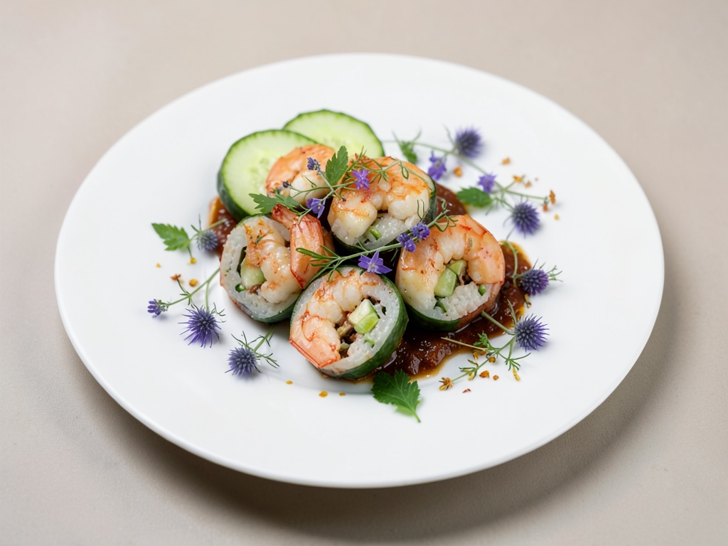 Rotoli freschi di gamberi con cetriolo e fiori di borragine