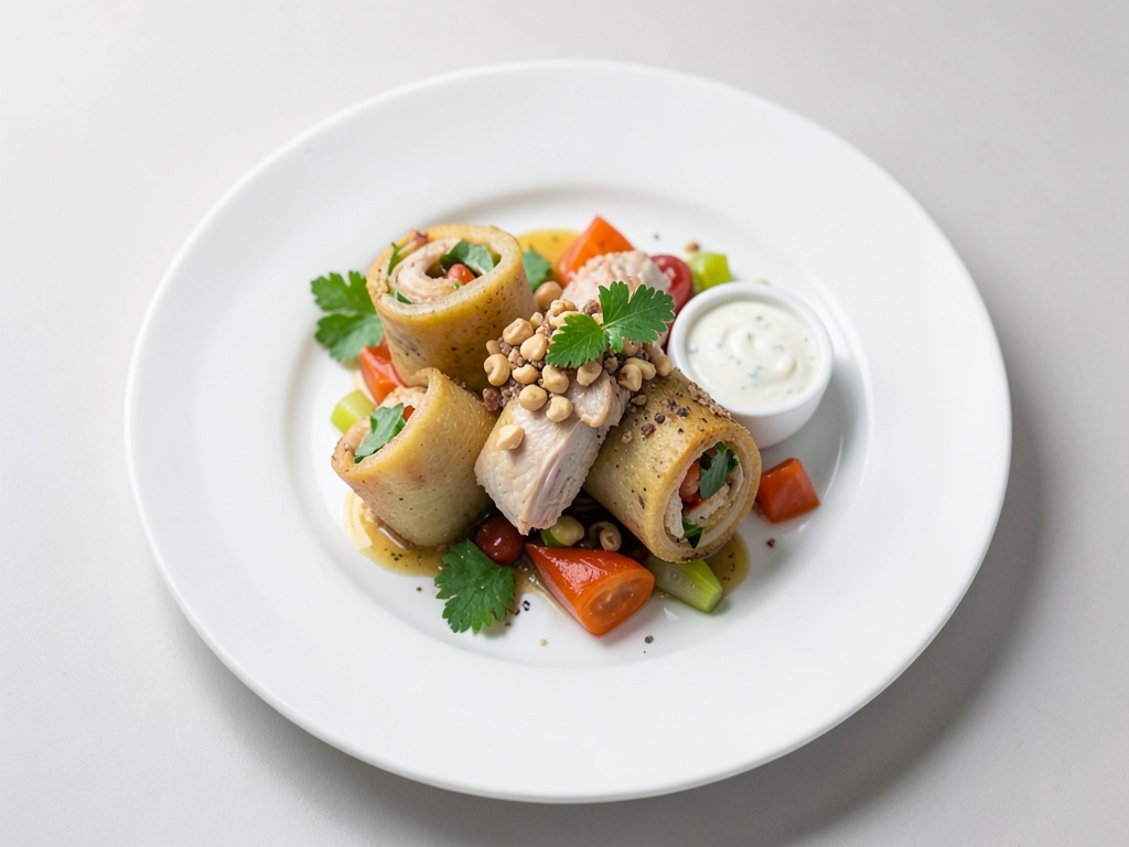 Rotoli invernali croccanti di pollo con foglie di riso e salsa di arachidi