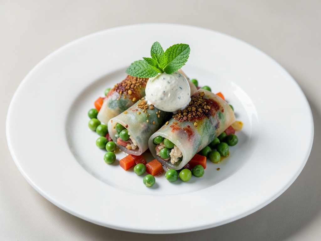 Rollitos frescos de papel de arroz con guisantes, crema de miso y menta