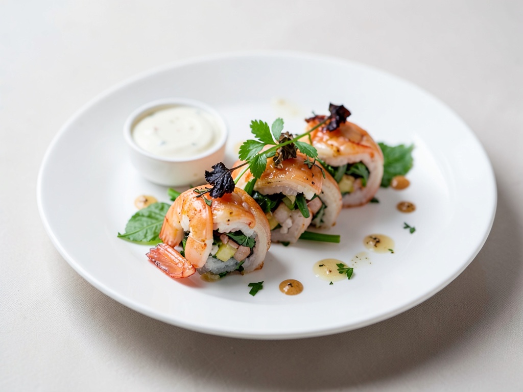 Envueltos frescos de gambas con verduras y salsa