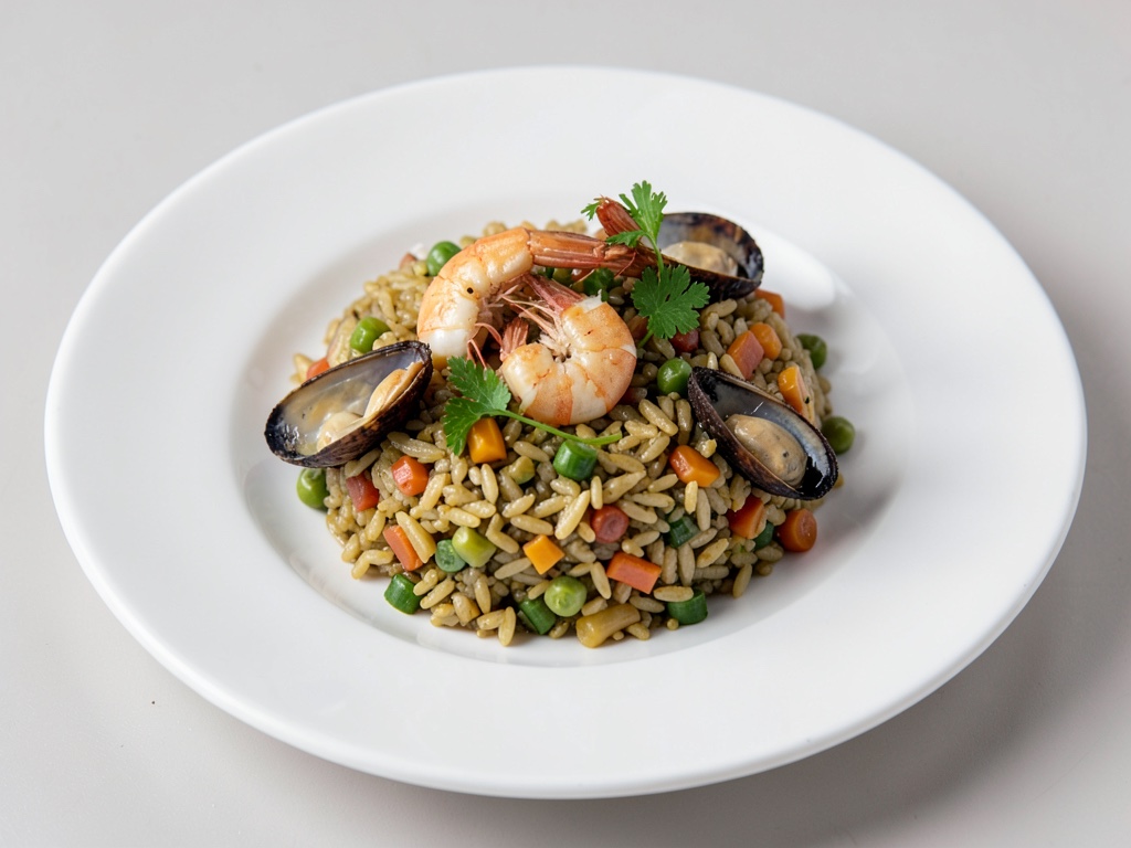 Padella di riso con verdure, gamberi e cozze