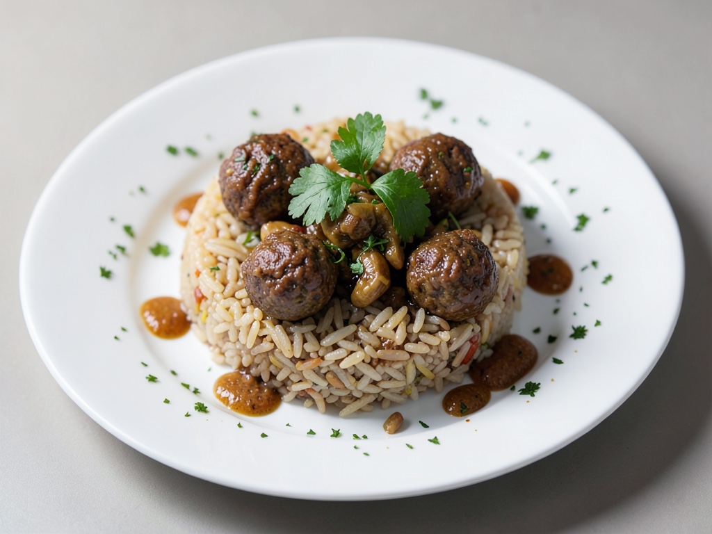 Poêle de riz orientale avec boulettes de viande