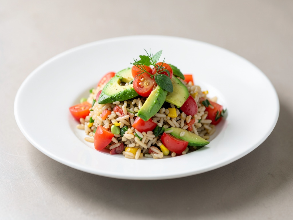 Bunter Reis-Salat mit Avocado und Tomaten