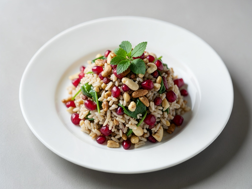 Salade de riz aromatisée à la grenade et aux noix