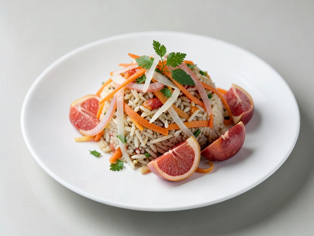 Insalata di riso riscaldata con carote, cipolle e pompelmo