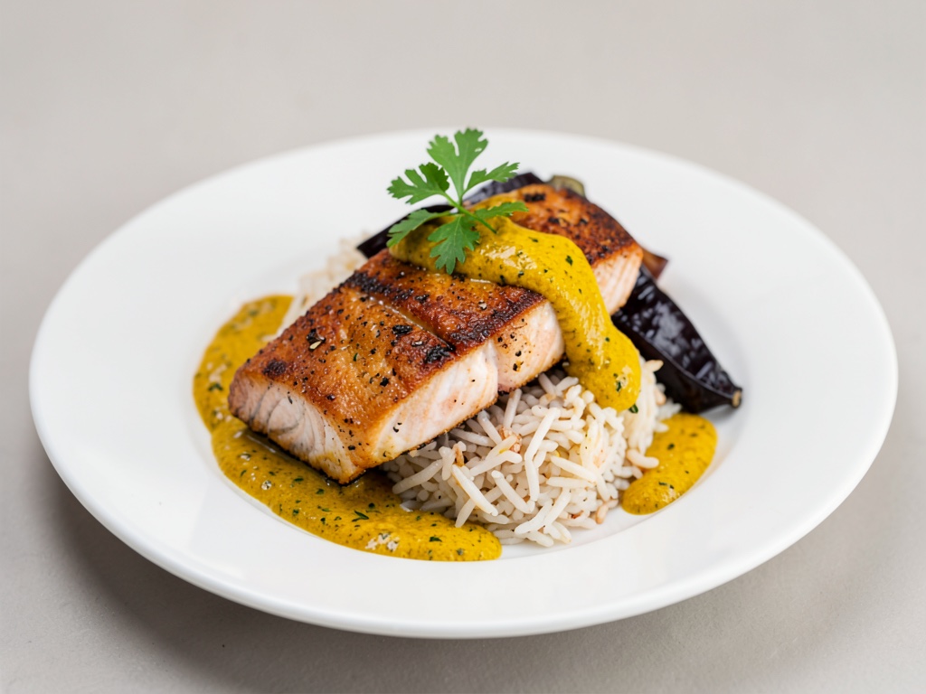 Salmone croccante su riso con melanzane arrosto e condimento al curcuma
