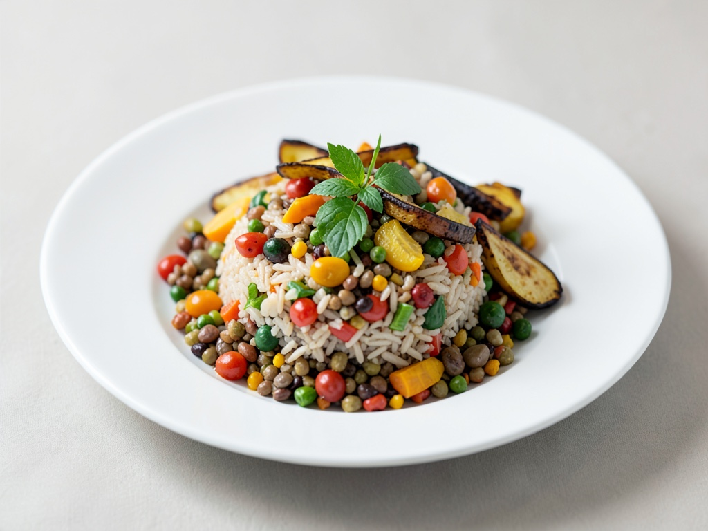 Insalata di riso selvatico e lenticchie con verdure alla griglia