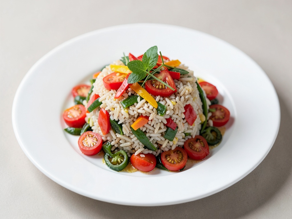Insalata di riso fresco con peperoni e pomodori