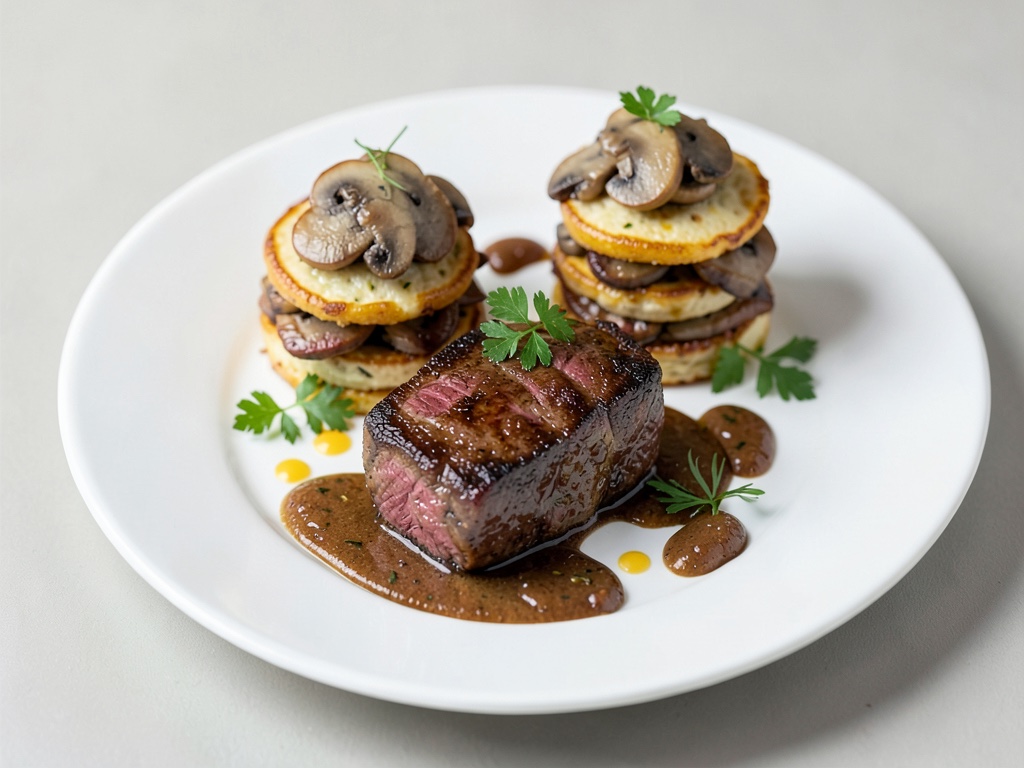 Filetto di renna con torrette di crêpes ai funghi