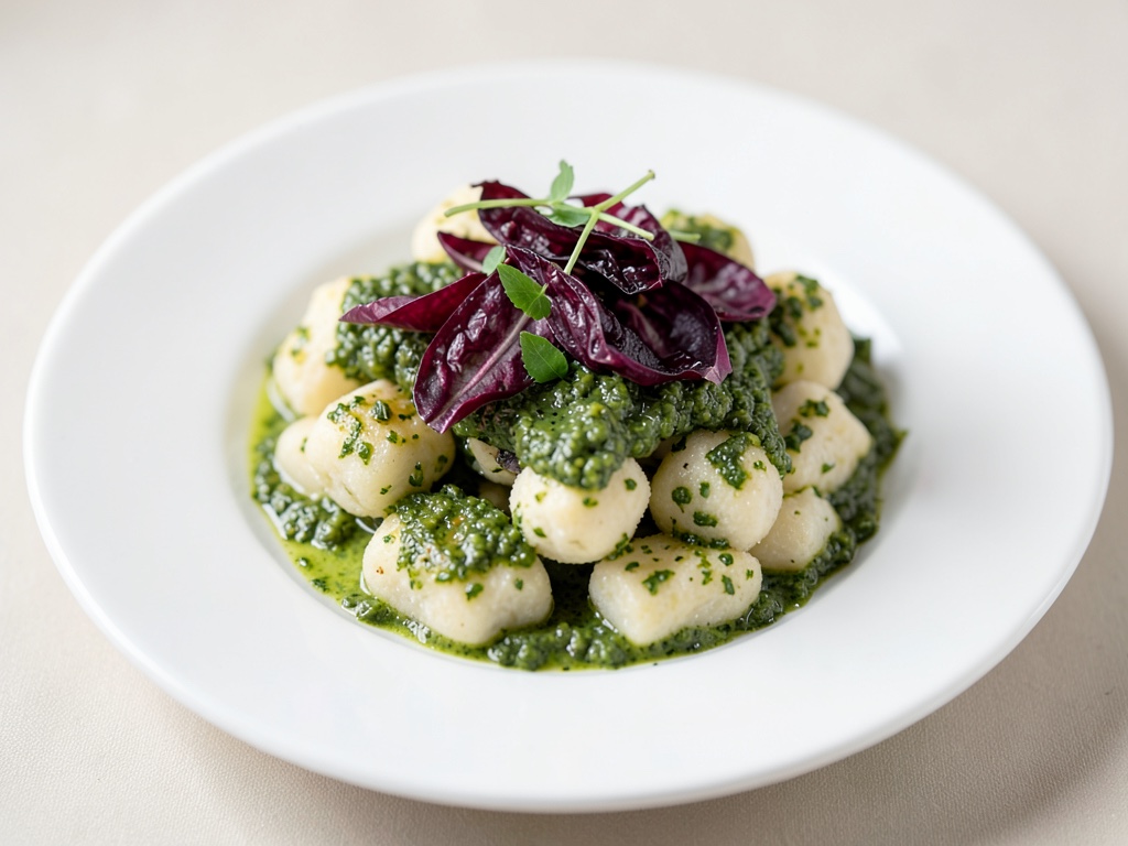Gnocchi au ricotta moelleux au pesto frais aux herbes et radicchio croustillant