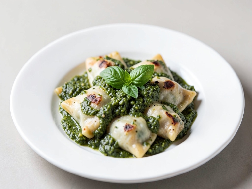 Hausgemachte Ricotta-Ravioli mit frischem Basilikum-Pesto